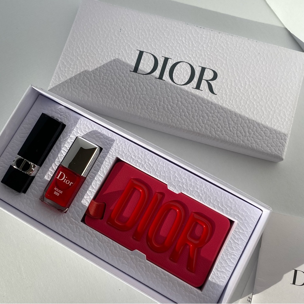 Dior GWP gift with purchase luggage bag tag lipstick nail polish.